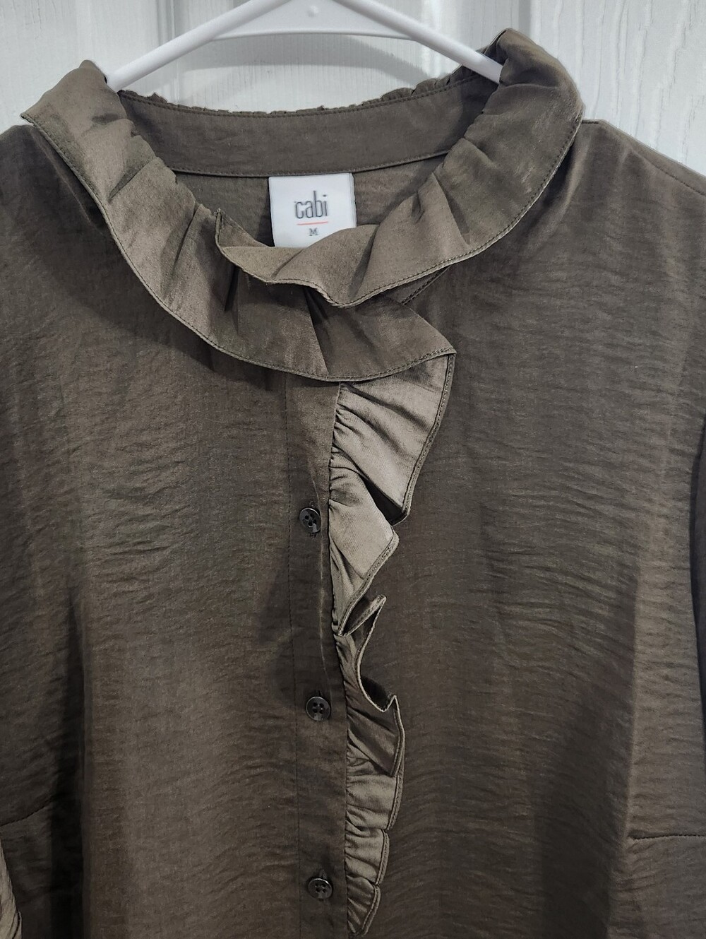 Cabi satin olive green button up ruffled blouse Victorian feminine romantic - Picture 3 of 9